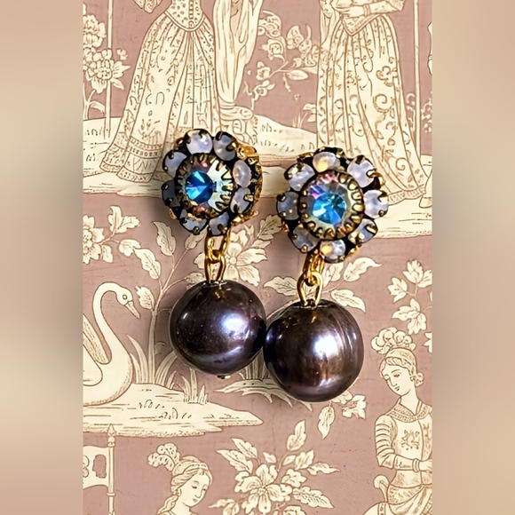 Purple Silver Flower Crystal And Freshwater Pearl Earrings - Picture 1 of 5